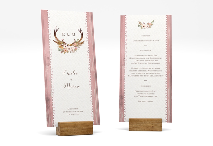 Menükarte Hochzeit Heimatjuwel lange Karte hoch hochglanz mit Hirschgeweih und Holz-Hintergrund