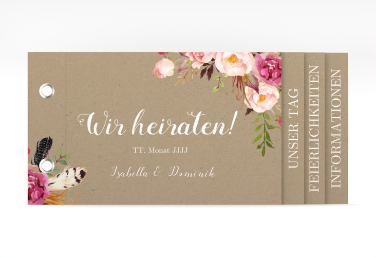 Hochzeitseinladung Flowers Booklet Kraftpapier mit bunten Aquarell-Blumen