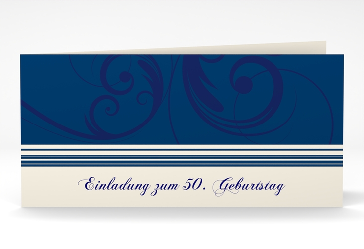 Einladung 50. Geburtstag Katharina lange Klappkarte quer blau hochglanz