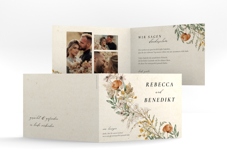 Dankeskarte Hochzeit Wildfang A6 Klappkarte quer beige mit getrockneten Wiesenblumen