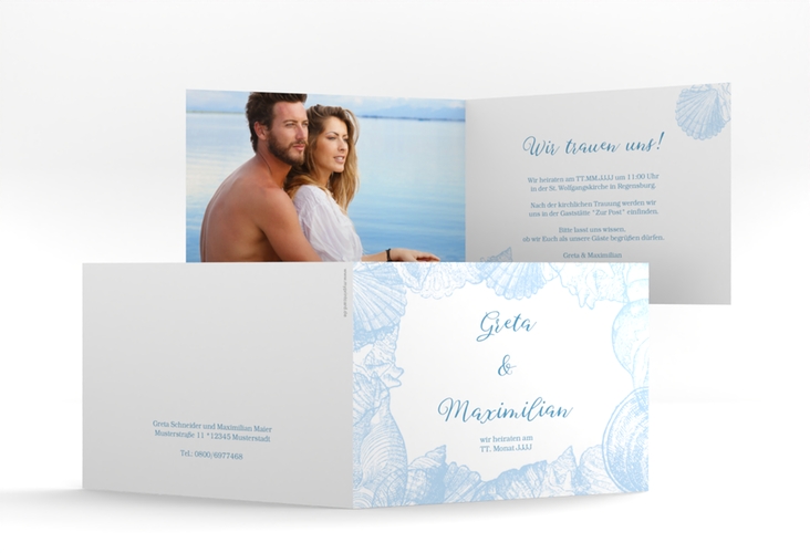 Hochzeitseinladung Muschelreich A6 Klappkarte quer blau
