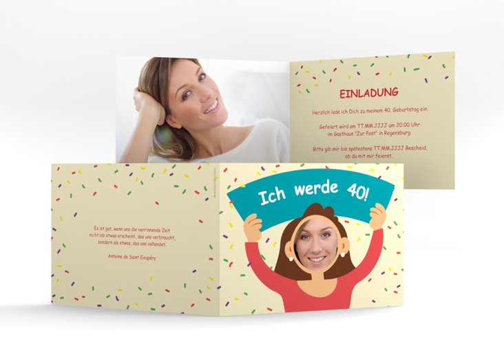 Einladung 40. Geburtstag Comic Woman A6 Klappkarte quer beige