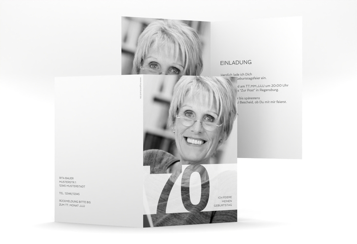 Einladung 70. Geburtstag Banderole A6 Klappkarte hoch weiss