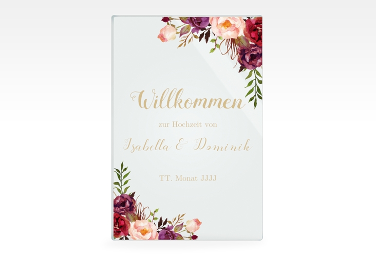 Willkommensschild Acryl Flowers 40 x 60 cm Acryl lila mit bunten Aquarell-Blumen