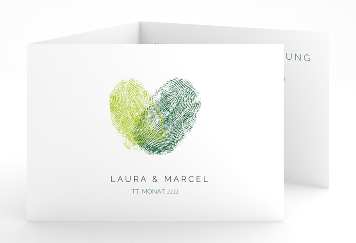 Hochzeitseinladung Fingerprint A6 Doppel-Klappkarte gruen hochglanz schlicht mit Fingerabdruck-Motiv