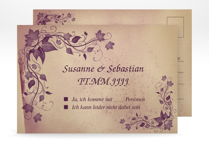 Antwortkarte Hochzeit Erfurt A6 Postkarte weiss hochglanz mit Weinranken in Violett