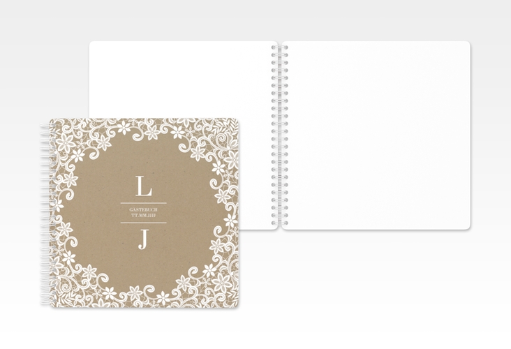 Gästebuch Hochzeit Bella Ringbindung Kraftpapier mit weißer Brautspitze um Initialen