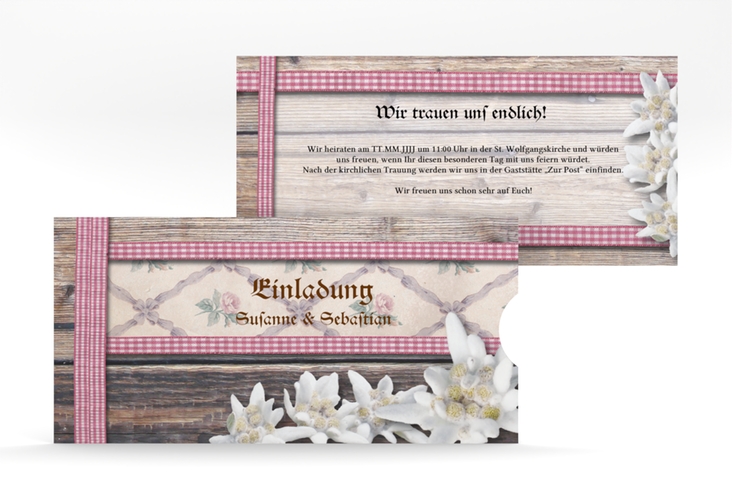 Einladungskarte Hochzeit Bayern Einsteckkarte rot mit Edelweiß in rustikaler Holz-Optik
