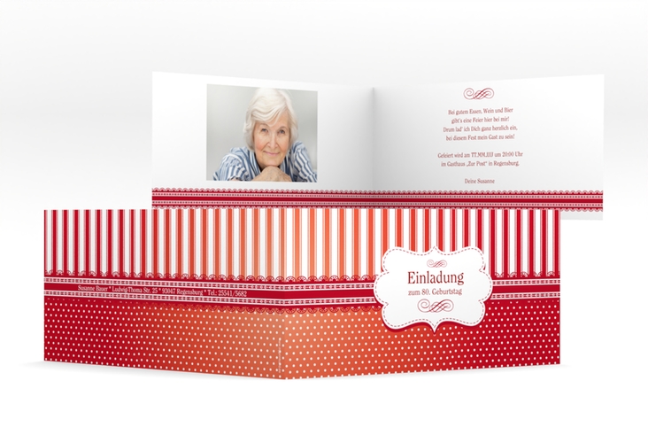 Einladung 80. Geburtstag Heinrich/Henriette lange Klappkarte quer rot mit frechen Polka Dots