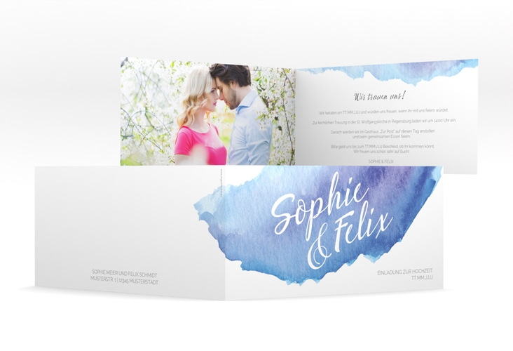 Hochzeitseinladung Aquarella lange Klappkarte quer blau