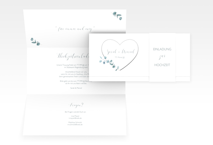 Hochzeitseinladung Greenheart Wickelfalzkarte + Banderole grau mit elegantem Herz und Eukalyptus-Zweig