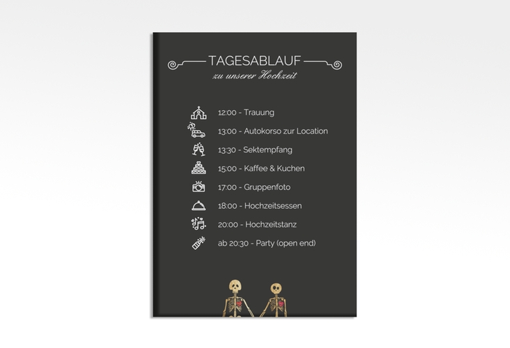 Tagesablauf Leinwand Hochzeit Bones 50 x 70 cm Leinwand schwarz mit Skelett-Ehepaar im Cartoon-Stil