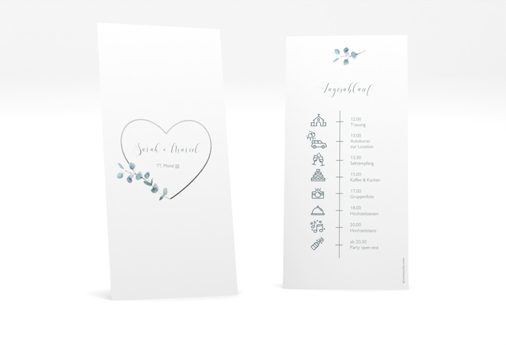 Tagesablauf Hochzeit Greenheart lange Karte hoch grau mit elegantem Herz und Eukalyptus-Zweig