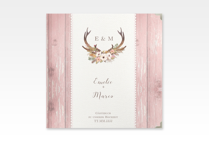 Gästebuch Selection Hochzeit Heimatjuwel Leinen-Hardcover rosa mit Hirschgeweih und Holz-Hintergrund