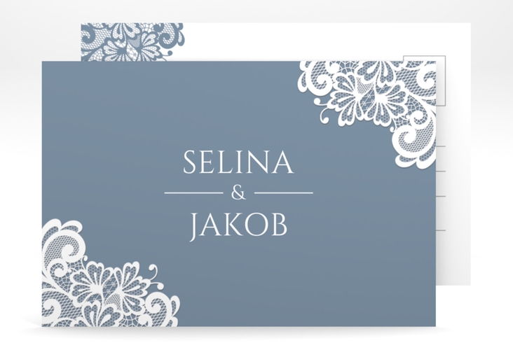 Verlobungskarte Hochzeit Vintage A6 Postkarte blau mit floraler Spitze
