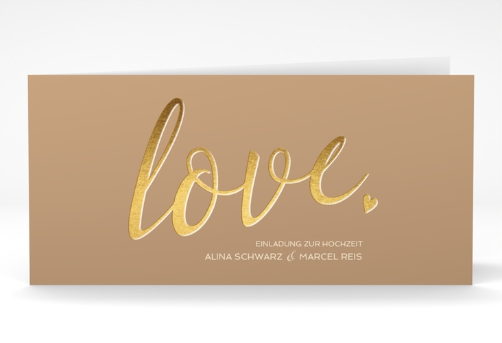 Hochzeitseinladung Glam lange Klappkarte quer beige hochglanz