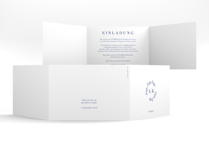 Hochzeitseinladung Filigrana A6 Doppel-Klappkarte blau hochglanz in reduziertem Design mit Initialen und zartem Blätterkranz