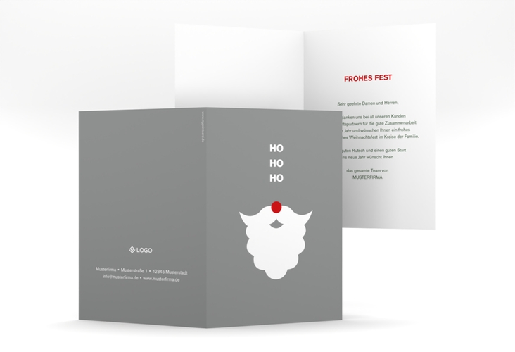 Business-Weihnachtskarte Hohoho A6 Klappkarte hoch grau humorvoll mit Nikolausbart