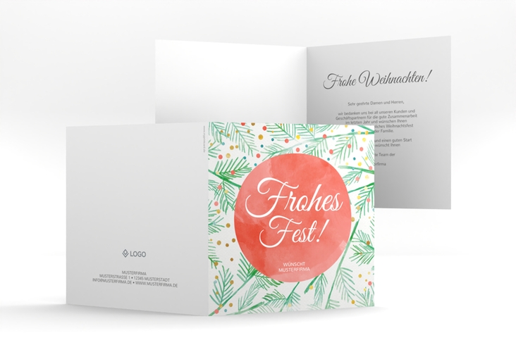 Geschäftliche Weihnachtskarte Wish quadr. Klappkarte orange mit Tannenzweigen im Aquarell-Stil
