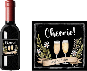 Piccolo-Etikett Cheerio Etikett Piccolo schwarz mit zwei Sektgläsern