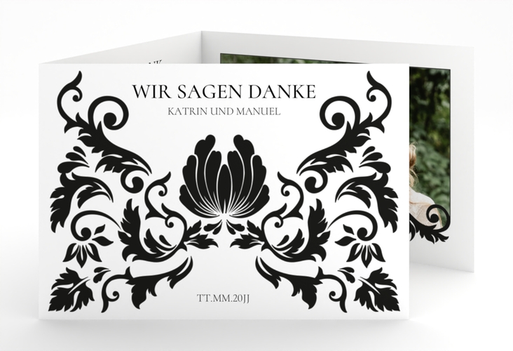 Danksagungskarte Royal A6 Doppel-Klappkarte weiss hochglanz mit barockem Blumen-Ornament