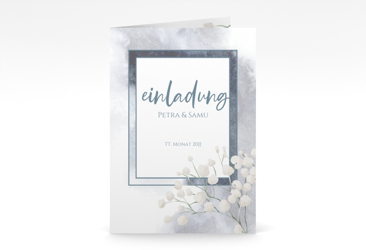 Einladungskarte Hochzeit Winter A6 Klappkarte hoch blau hochglanz mit Schleierkraut