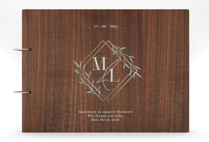 Gästebuch Holzcover Nussbaum Greenletter Holz-Cover, bedruckt mit Initialen in elegantem Goldrahmen mit Blättern
