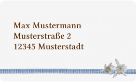Klick: Details zu Empfängeretikett Hochzeit "Bayern" anzeigen Empfängeretikett Hochzeit Bayern 63,5 x 38,1 mm blau mit Edelweiß in rustikaler Holz-Optik
