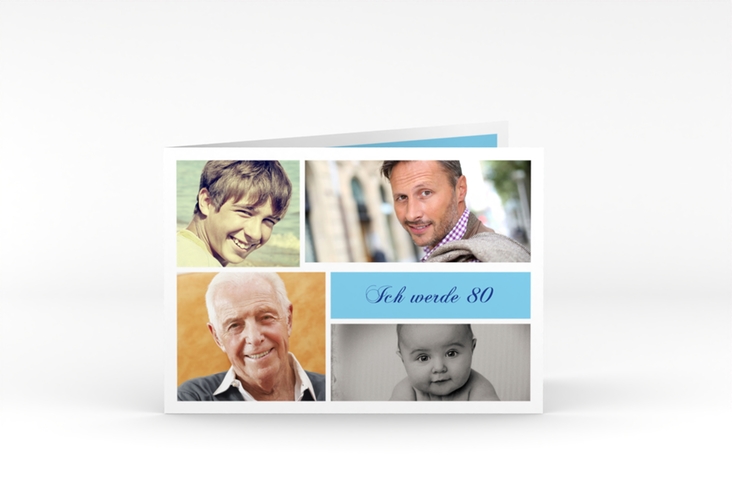 Einladung 80. Geburtstag Bilderserie A6 Klappkarte quer blau mit mehreren Fotos