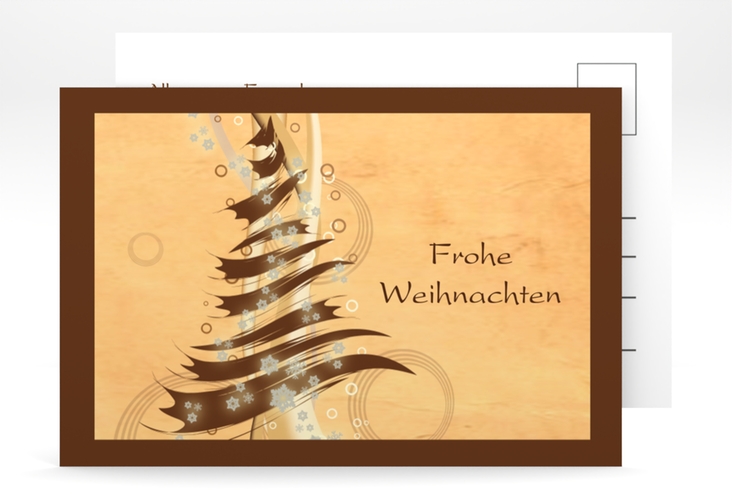 Weihnachtskarte Wintertraum A6 Postkarte braun hochglanz in Braun mit Weihnachtsbaum