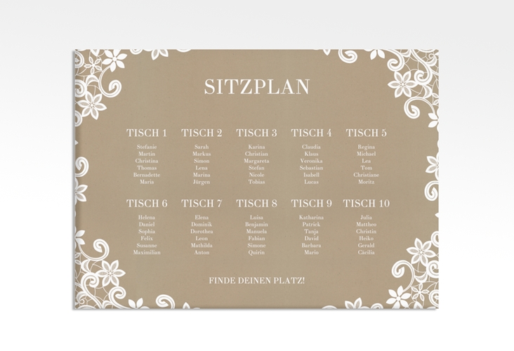 Sitzplan Leinwand Hochzeit Bella 70 x 50 cm Leinwand mit weißer Brautspitze um Initialen