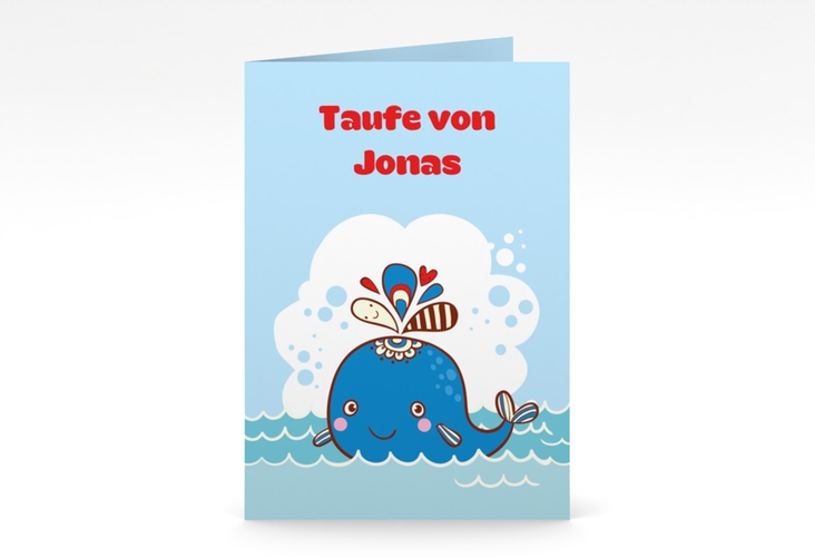 Einladungskarte Taufe Wal A6 Klappkarte hoch blau hochglanz mit lustigem Walfisch mit Wasserfontäne