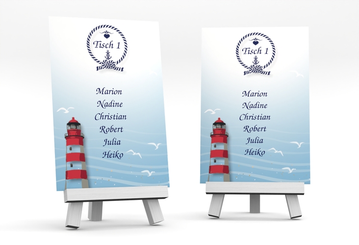 Tischaufsteller Hochzeit Sylt Tischaufsteller blau mit Leuchtturm