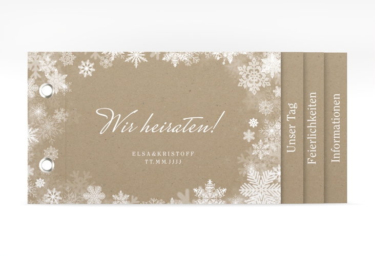 Hochzeitseinladung Snowfall Booklet Kraftpapier mit Schneeflocken für Winterhochzeit
