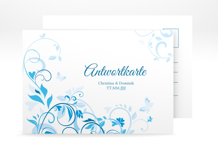 Antwortkarte Hochzeit Lilly A6 Postkarte blau hochglanz