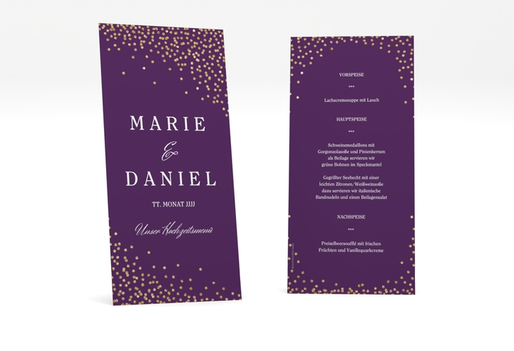 Menükarte Hochzeit "Glitter" lange Karte hoch lila