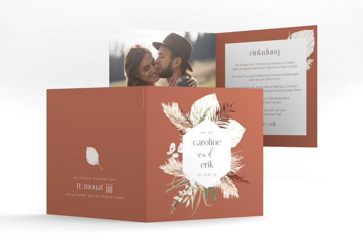Hochzeitseinladung Bohemian quadr. Klappkarte orange im Boho-Style mit Pampasgras