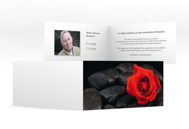 Danksagungskarte Trauer Stille lange Klappkarte quer rot mit Rosenblüte
