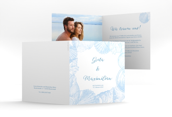 Hochzeitseinladung Muschelreich quadr. Klappkarte blau