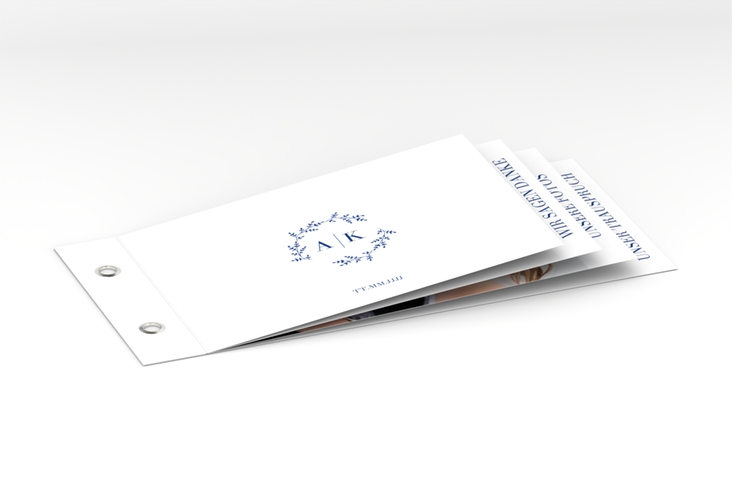 Danksagungskarte Filigrana Booklet blau hochglanz in reduziertem Design mit Initialen und zartem Blätterkranz