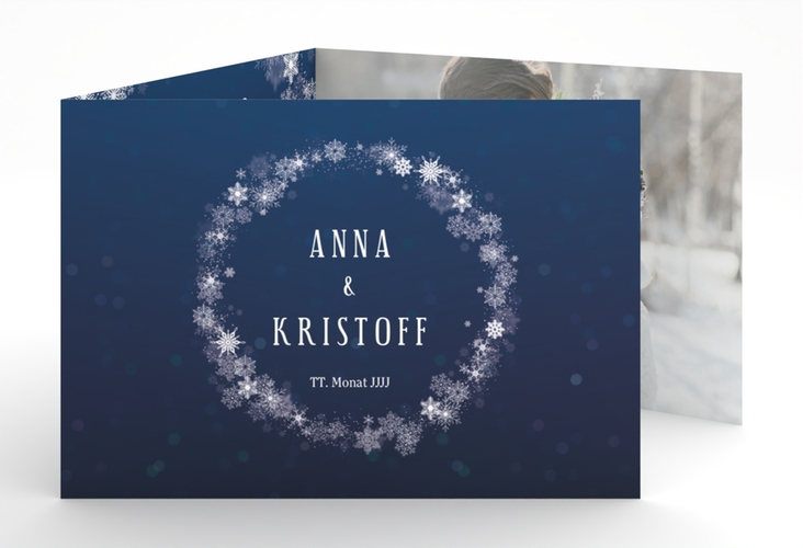 Hochzeitseinladung Winterdream A6 Doppel-Klappkarte blau mit Eisblumen
