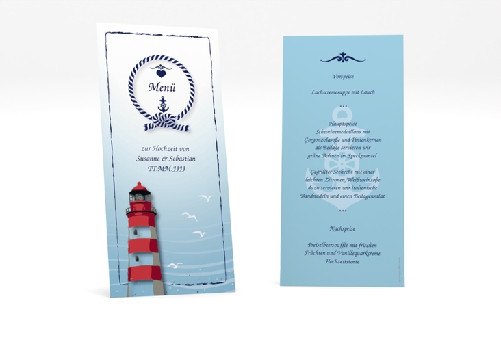 Menükarte Hochzeit Sylt lange Karte hoch blau hochglanz mit Leuchtturm