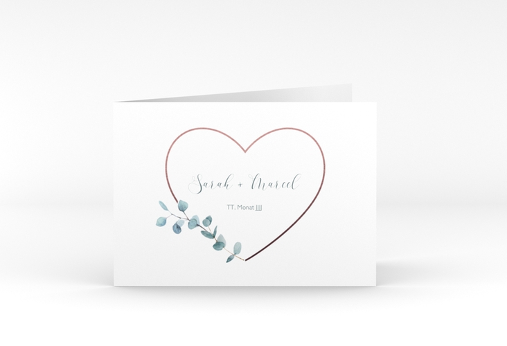 Danksagungskarte Hochzeit Greenheart A6 Klappkarte quer rosa mit elegantem Herz und Eukalyptus-Zweig
