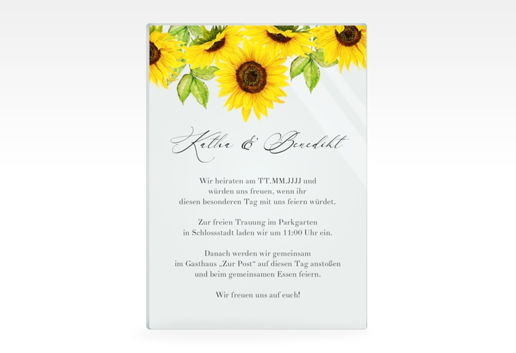 Acryl-Hochzeitseinladung Sonnenblume Acrylkarte hoch weiss