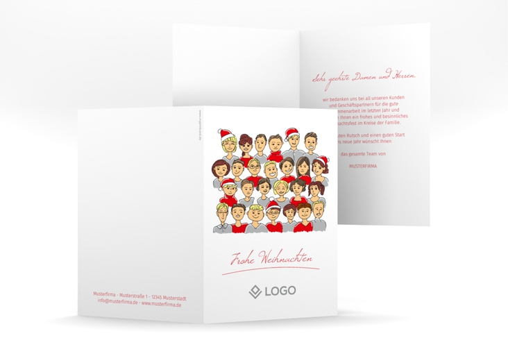 Business-Weihnachtskarte Team A6 Klappkarte hoch rot und weiß mit Illustration der Mitarbeiter