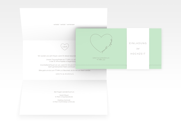 Hochzeitseinladung Lebenstraum Wickelfalzkarte + Banderole mint hochglanz