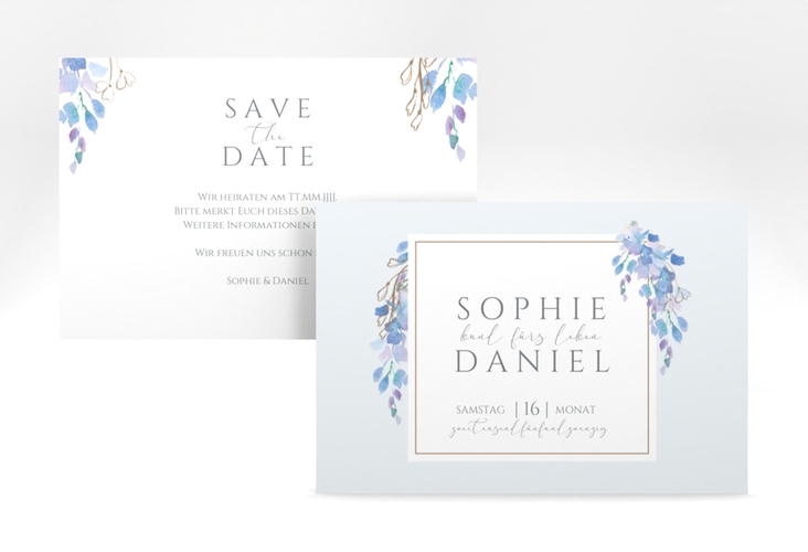 Save the Date-Karte Blauregen A6 Karte quer blau mit Wisteria-Blüten