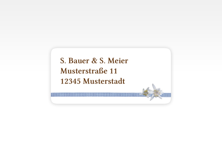 Absenderetikett Hochzeit Bayern 45,7 x 21,2 mm blau mit Edelweiß in rustikaler Holz-Optik