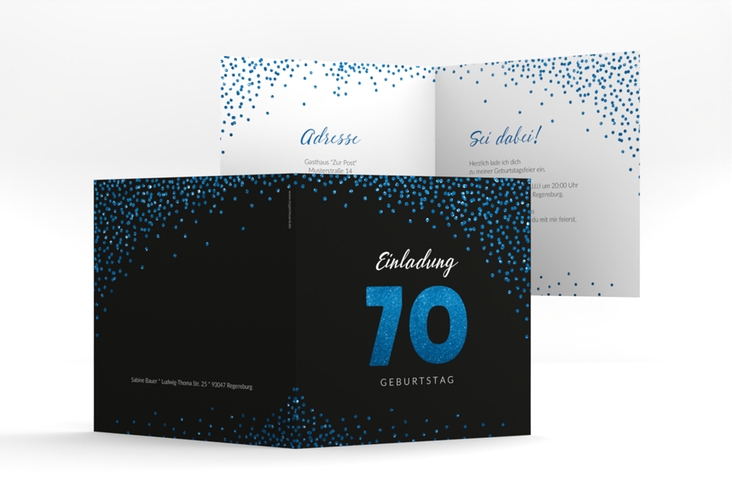 Einladung 70. Geburtstag Glitzer quadr. Klappkarte blau