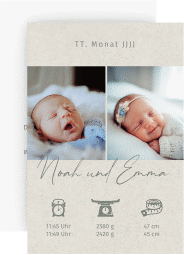 Geburtskarte Zwillinge A6 Karte hoch beige